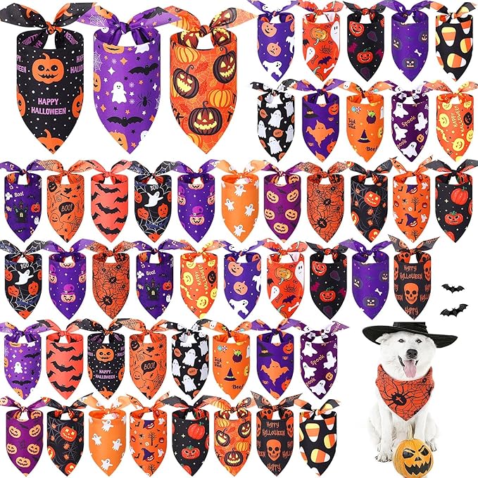 Abbylike 50 Pcs Halloween Dog Bandanas Bulk Pumpkin Bandanas for Dogs Triangle Kerchief Bibs Scarf Set for Pet Halloween Costume Photo Props Accessories Pet Shops, 25 Styles (25.6 x 17.7 x 17.7")