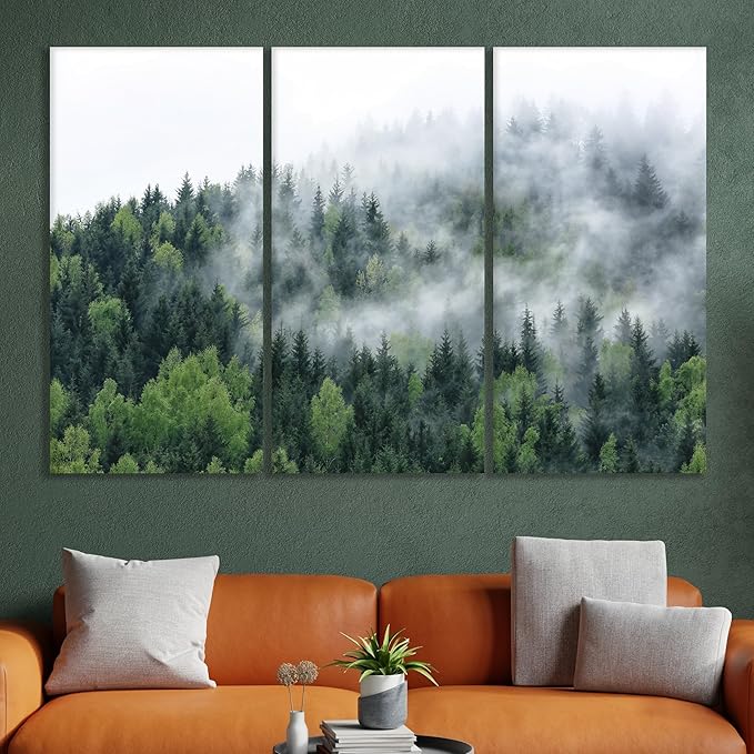 Nature Wall Art Prints - Ocean Forest Mountain Lake Canvas Landscapes - Small to Extra Large Living Room Bedroom Kitchen Bathroom Décor (Pine Trees in Fog, 55L" x 83W"- 3 Panels)