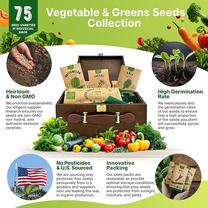 75 Vegetable & Greens Seeds Variety Pack, Garden Seed Starter Kit - Over 44,700 Non-GMO Heirloom Seeds for Planting Vegetables and Greens, Gift Seed Box with Gardening Supplies, Survival Kit