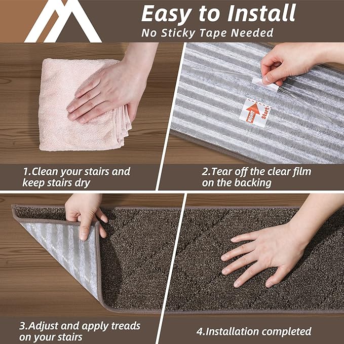 COSY HOMEER Edging Stair Treads Non-Slip Carpet Mat 28inX9in Indoor Stair Runners for Wooden Steps, Edging Stair Rugs for Kids and Dogs, 100% Polyester TPE Backing (15pc, Brown)