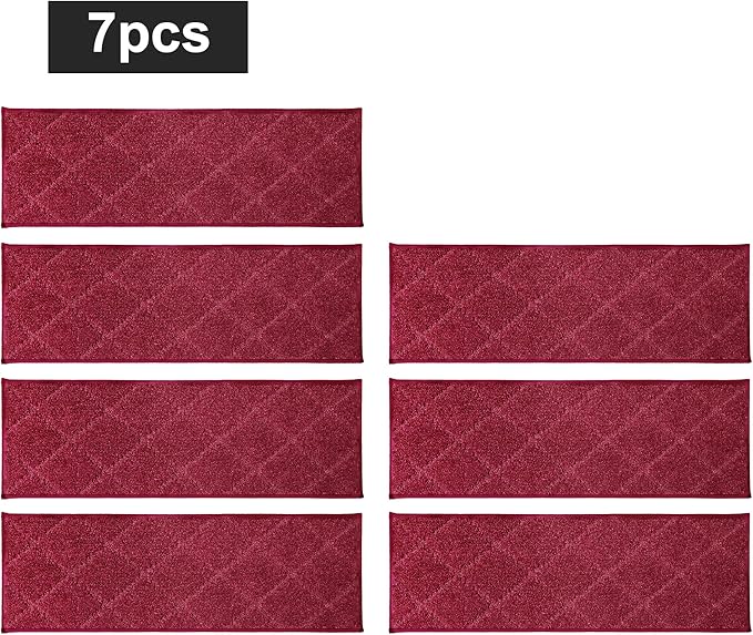 COSY HOMEER Edging Stair Treads Non-Slip Carpet Mat 28inX9in Indoor Stair Runners for Wooden Steps, Edging Stair Rugs for Kids and Dogs, 100% Polyester TPE Backing (7pc, Red, 7)