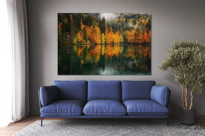 Nature Wall Art Prints - Ocean Forest Mountain Lake Canvas Landscapes - Small to Extra Large Living Room Bedroom Kitchen Bathroom Décor (Autumn by the Lake, 35L" x 53W")