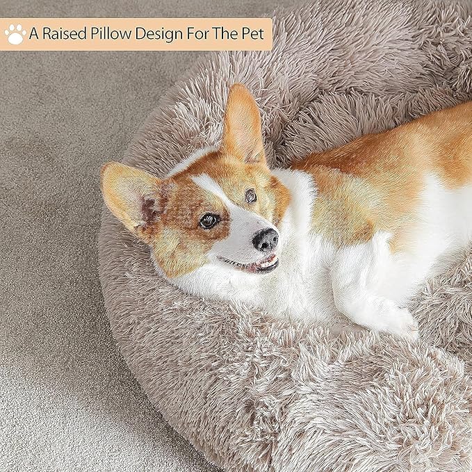 WNPETHOME Calming Dog Beds for Large Dogs, Anti-Anxiety Donut Large Pet Bed, Fluffy Faux Fur Plush Dog Bed，Warming Cozy Soft Round Lagre Dogs Bed for Pet, Cat Cuddler Cushion Bed
