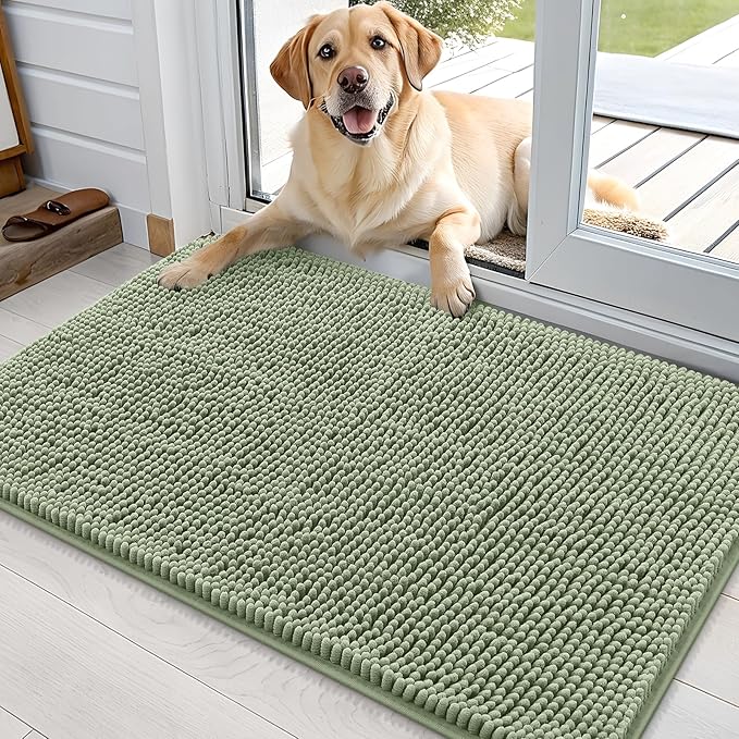 OLANLY Dog Door Mat for Muddy Paws 36x24, Absorbs Moisture and Dirt, Absorbent Non-Slip Washable Doormat, Quick Dry Chenille Mud Mat for Dogs, Entry Indoor Entryway Carpet for Inside Floor, Sage Green