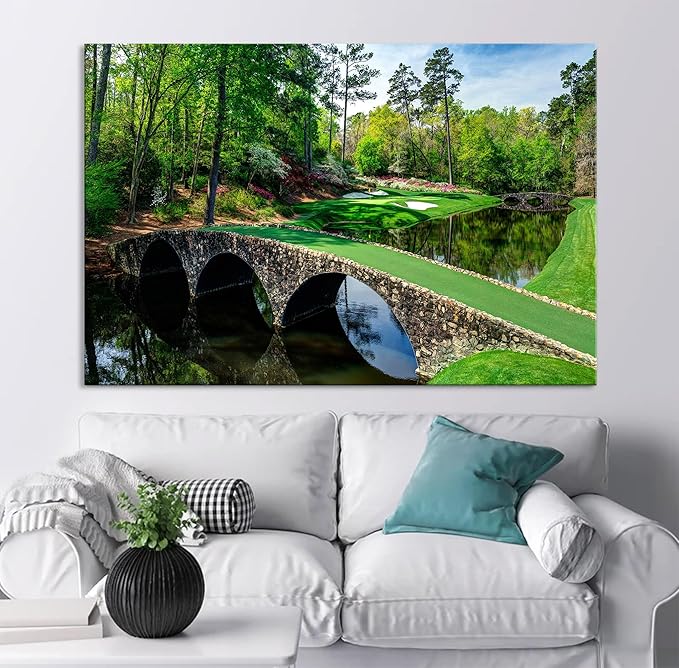 Nature Wall Art Prints - Ocean Forest Mountain Lake Canvas Landscapes - Small to Extra Large Living Room Bedroom Kitchen Bathroom Décor (Golf Course with Stone Bridge, 24L" x 36W")