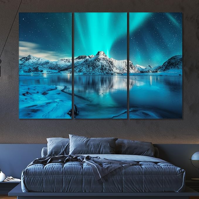 Nature Wall Art Prints - Ocean Forest Mountain Lake Canvas Landscapes - Small to Extra Large Living Room Bedroom Kitchen Bathroom Décor (Northern Lights Over Lake, 35L" x 53W" - 3 Panels)