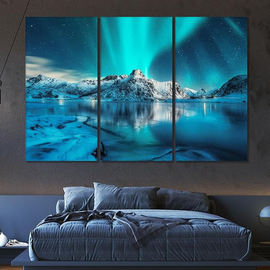 Nature Wall Art Prints - Ocean Forest Mountain Lake Canvas Landscapes - Small to Extra Large Living Room Bedroom Kitchen Bathroom Décor (Northern Lights Over Lake, 35L" x 53W" - 3 Panels)