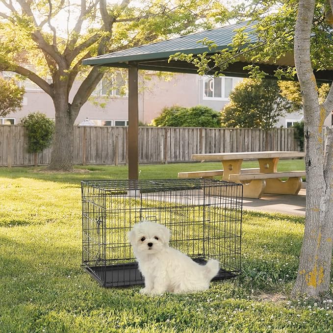 FDW Dog Crate for Medium Dogs 30 Inch Folding Metal WirePet Cage Double Door W/Divider Panel Indoor Outdoor Kennel Leak-Proof Plastic Tray,Black