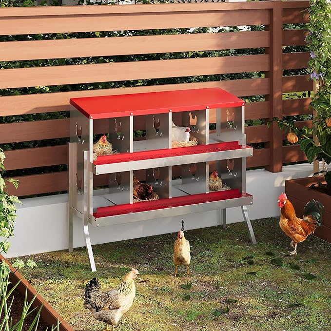 8 Hole Chicken Nesting Box with Roll Out Egg Tray, Rustproof & Ventilated Chicken Laying Boxes for Hens, Chickens, Ducks | Easy-Clean Poultry Coop Accessories, Red with Stand