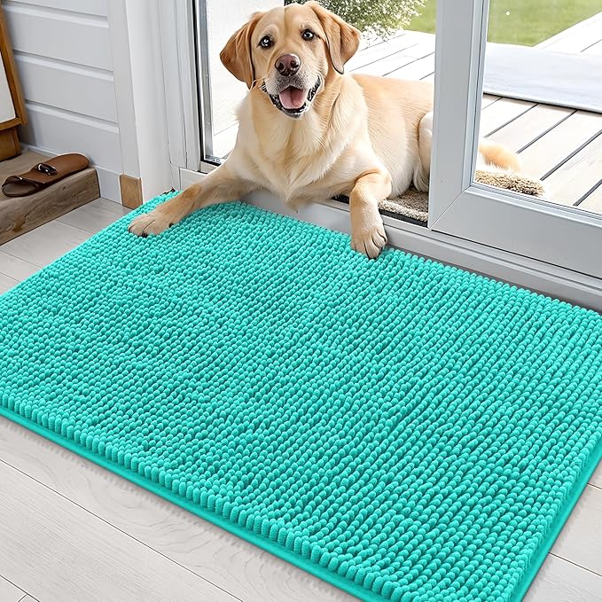 OLANLY Dog Door Mat for Muddy Paws 36x24, Absorbs Moisture and Dirt, Absorbent Non-Slip Washable Doormat, Quick Dry Chenille Mud Mat for Dogs, Entry Indoor Entryway Carpet for Inside Floor, Teal