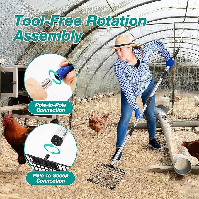Adjustable Chicken Poop Scooper, Heavy Duty Stainless Steel Chicken Rake with 3-Slot Pole, Multi-Use Pet Waste Shovel & Hay Scooper - 36"/50"/64" Length