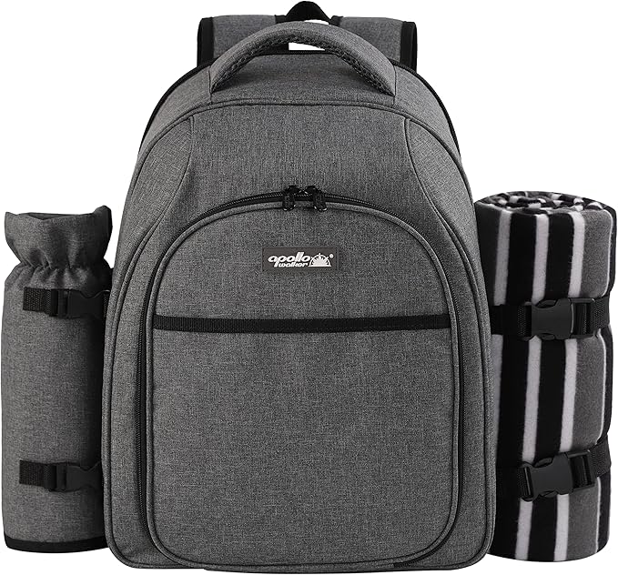 apollo walker Picnic Backpack Bag for 2 Person with Cooler Compartment, Detachable Bottle/Wine Holder, Fleece Blanket, Plates and Cutlery Set (2Person,Grey)