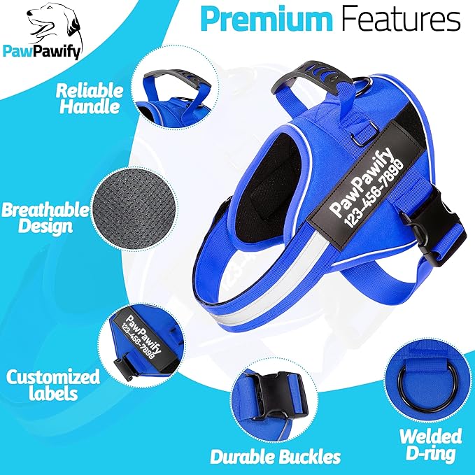 PawPawify Custom No Pull Dog Harness with Name and Phone Number, Heavy Duty Personalized Pet Vest to Prevent Tugging, Pulling, or Choking, Training and Walking (New Blue, XL (60-85 LBS))