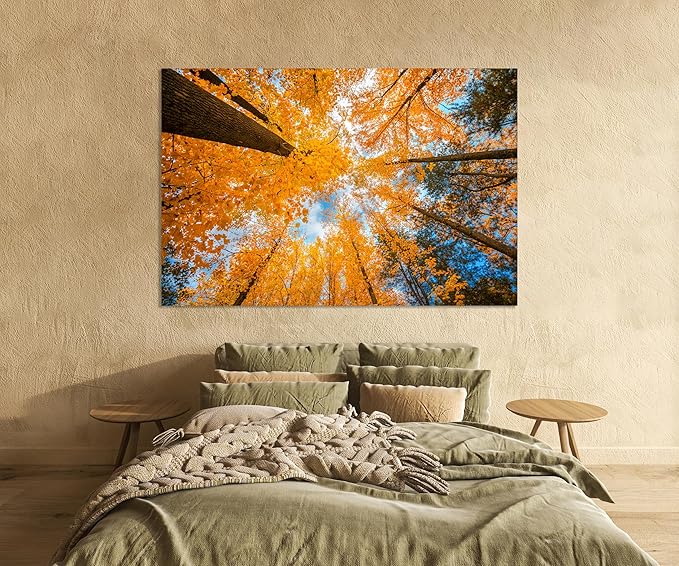 Nature Wall Art Prints - Ocean Forest Mountain Lake Canvas Landscapes - Small to Extra Large Living Room Bedroom Kitchen Bathroom Décor (Blue Sky Through Yellow Autumn Trees, 28L" x 41W")